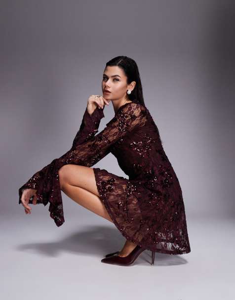 ASOS DESIGN sequin lace slash neck mini dress with handkerchief sleeves in chocolate - view 1