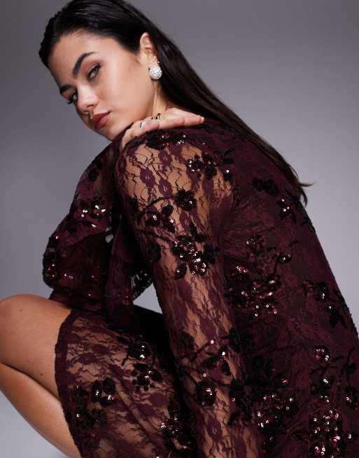 ASOS DESIGN sequin lace slash neck mini dress with hanky sleeve  in chocolate, 3 of 4