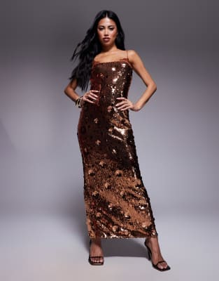 Asos Design Sequin Lace Trim Cami Maxi Dress With 3d Embellishment In Brown