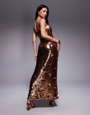 Asos Design Sequin Lace Trim Cami Maxi Dress With 3d Embellishment In Brown