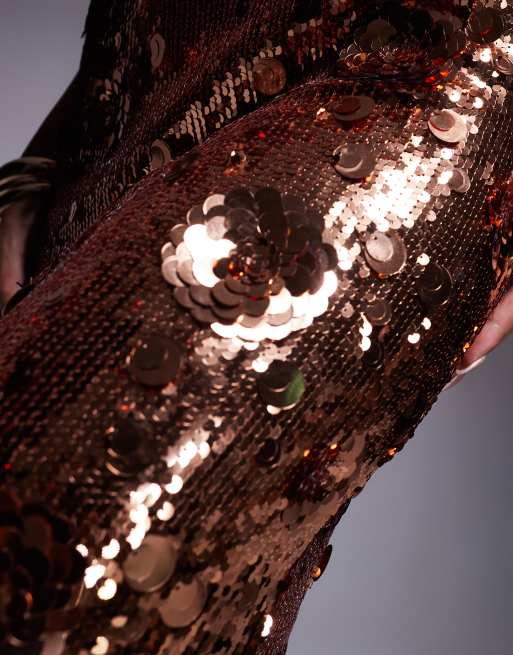 ASOS DESIGN sequin lace trim cami maxi dress with 3D embellishment in bronze