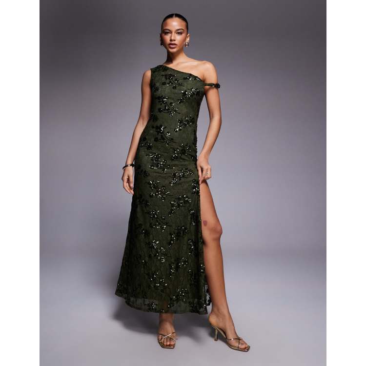 ASOS DESIGN sequin lace twist off shoulder lace up back detail