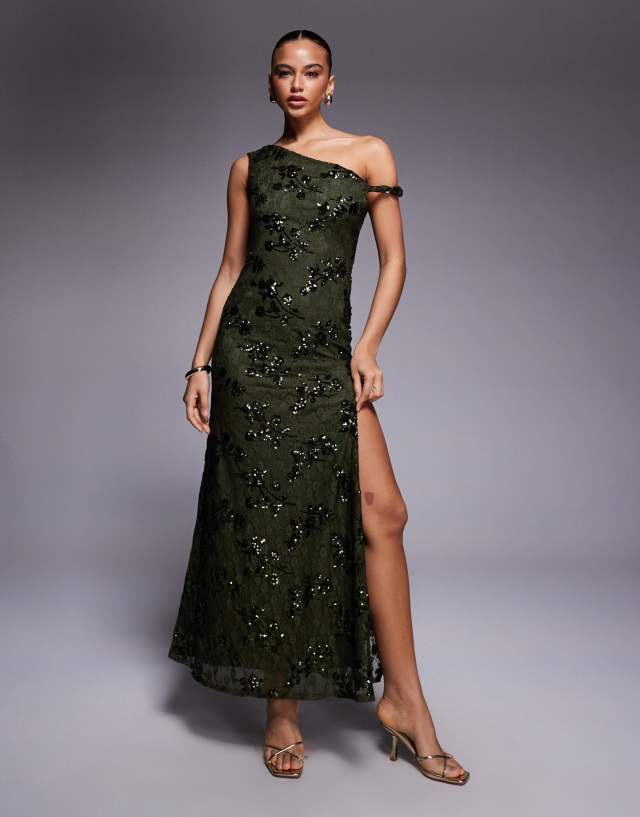 green lace evening dress ASOS DESIGN sequin twist off shoulder lace up back detail maxi in Bodrum Mini Dress