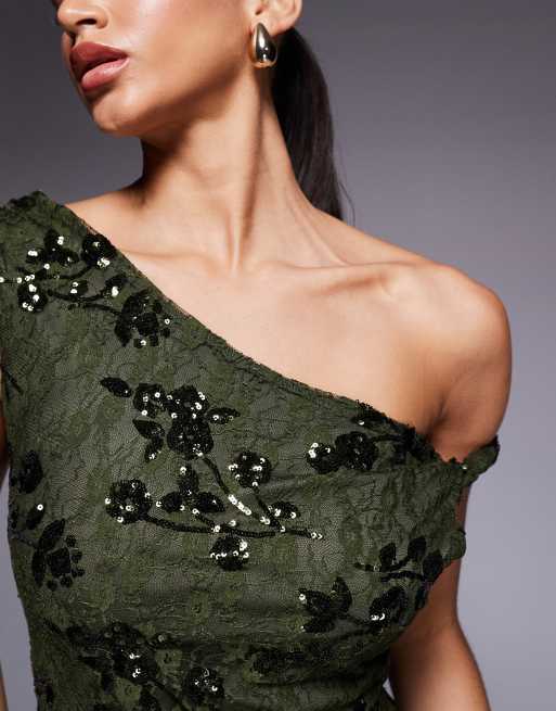 ASOS DESIGN sequin lace twist off shoulder lace up back detail maxi dress in green