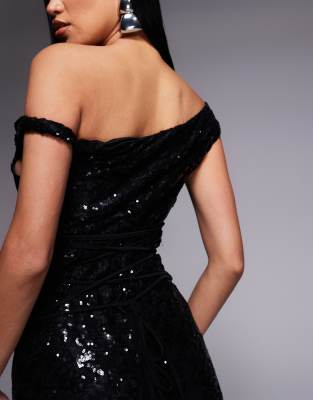 Asos Design Sequin Lace Twist Shoulder With Lace Up Back Maxi Dress In Black