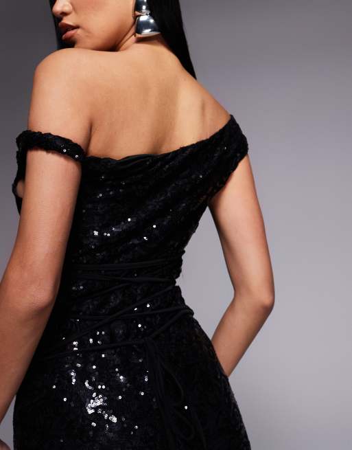 ASOS DESIGN sequin lace twist shoulder with lace up back maxi dress in black, 2 of 4
