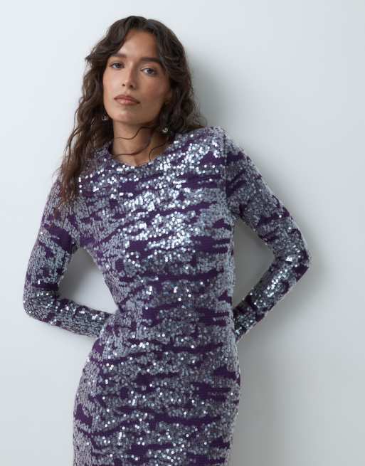 ASOS DESIGN sequin long sleeve shoulder pad maxi dress in electric purple, 2 of 5
