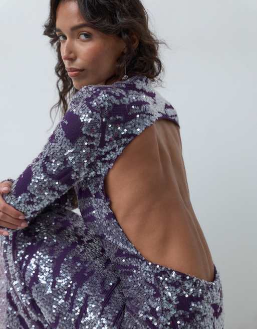 ASOS DESIGN sequin long sleeve shoulder pad maxi dress in electric purple, 4 of 5