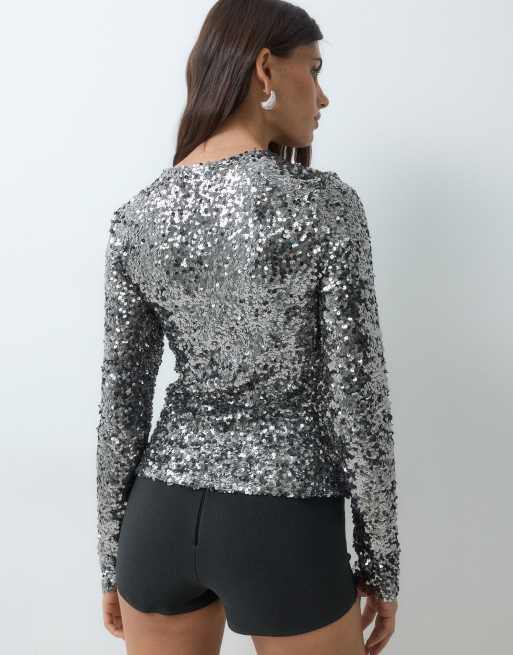 ASOS DESIGN sequin long sleeve twist front sequin top in gray, 5 of 5