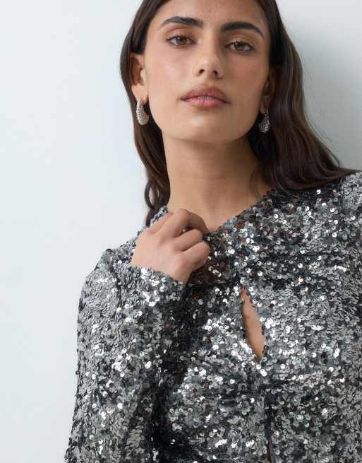 ASOS DESIGN sequin long sleeve twist front sequin top in grey, 3 of 5