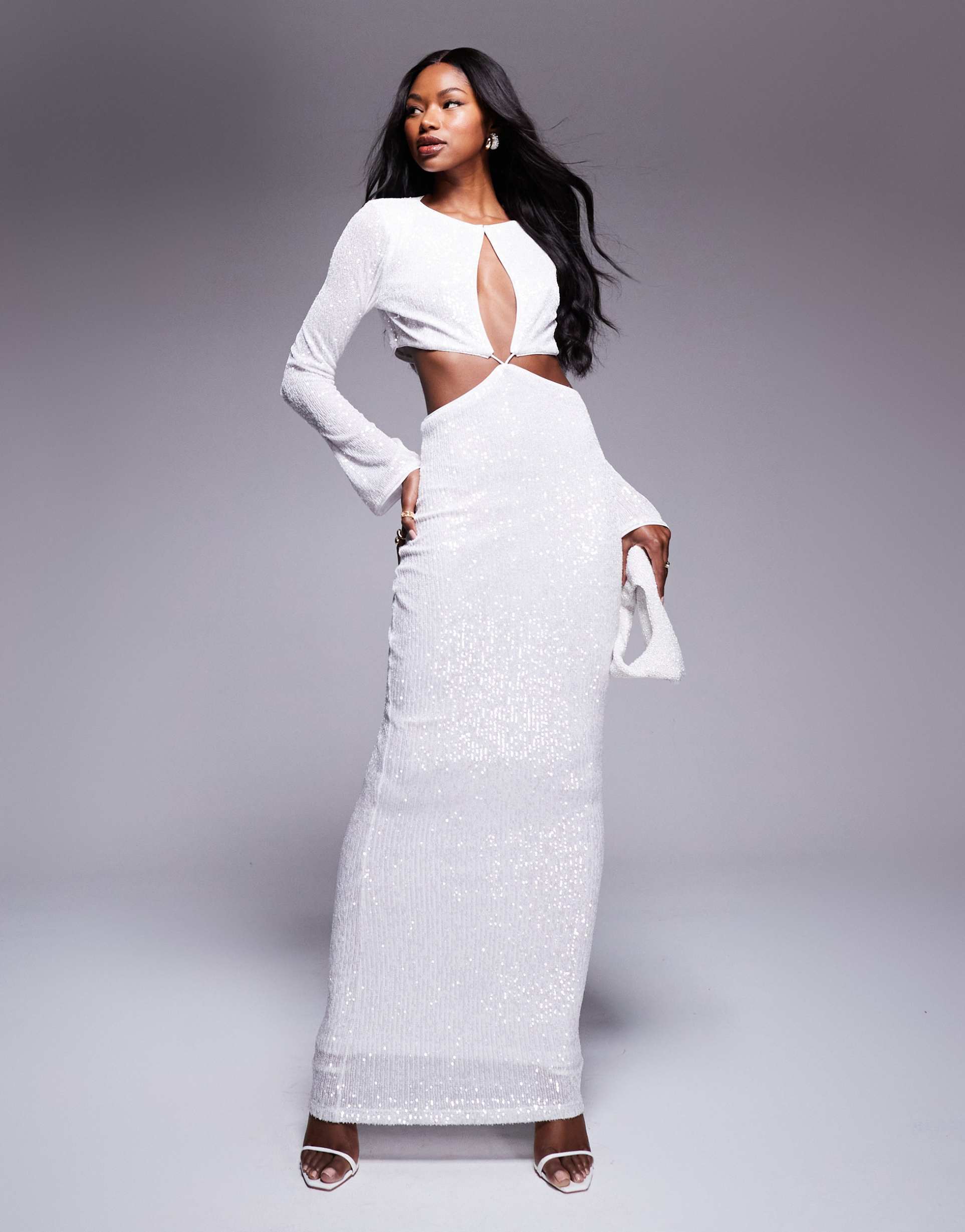 asos design sequin long sleeve wrap around maxi dress with keyhole detail in white