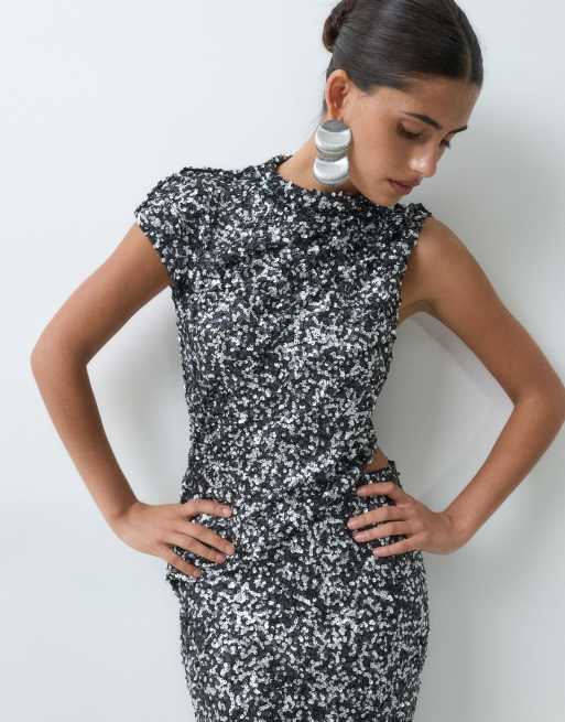 ASOS DESIGN sequin maxi dress with draped top detail in silver, 2 of 5