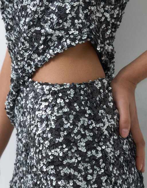 ASOS DESIGN sequin maxi dress with draped top detail in silver, 4 of 5