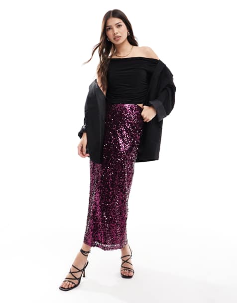 ASOS DESIGN sequin maxi skirt in burgundy - view 1