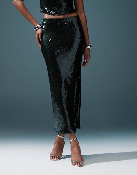 ASOS DESIGN sequin maxi skirt in forest green - part of a set - view 1