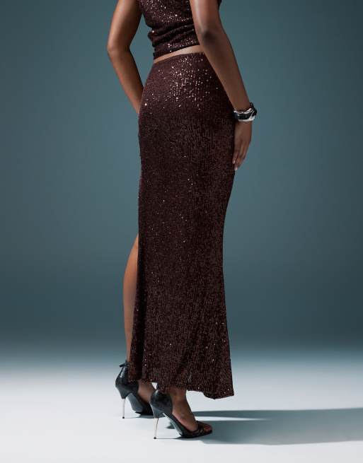 ASOS DESIGN sequin maxi skirt with split in chocolate part of a set