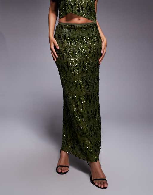 ASOS DESIGN sequin mesh maxi skirt  co-ord in green, 2 of 5