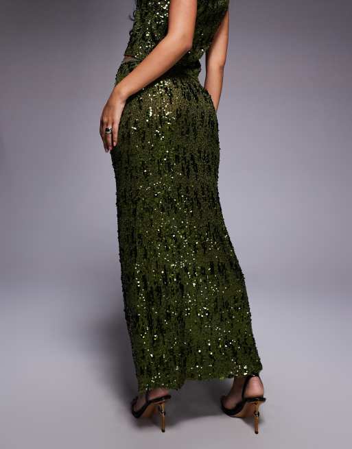 ASOS DESIGN sequin mesh maxi skirt  co-ord in green, 3 of 5