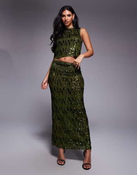 ASOS DESIGN sequin mesh maxi skirt in green (part of a set) - view 1