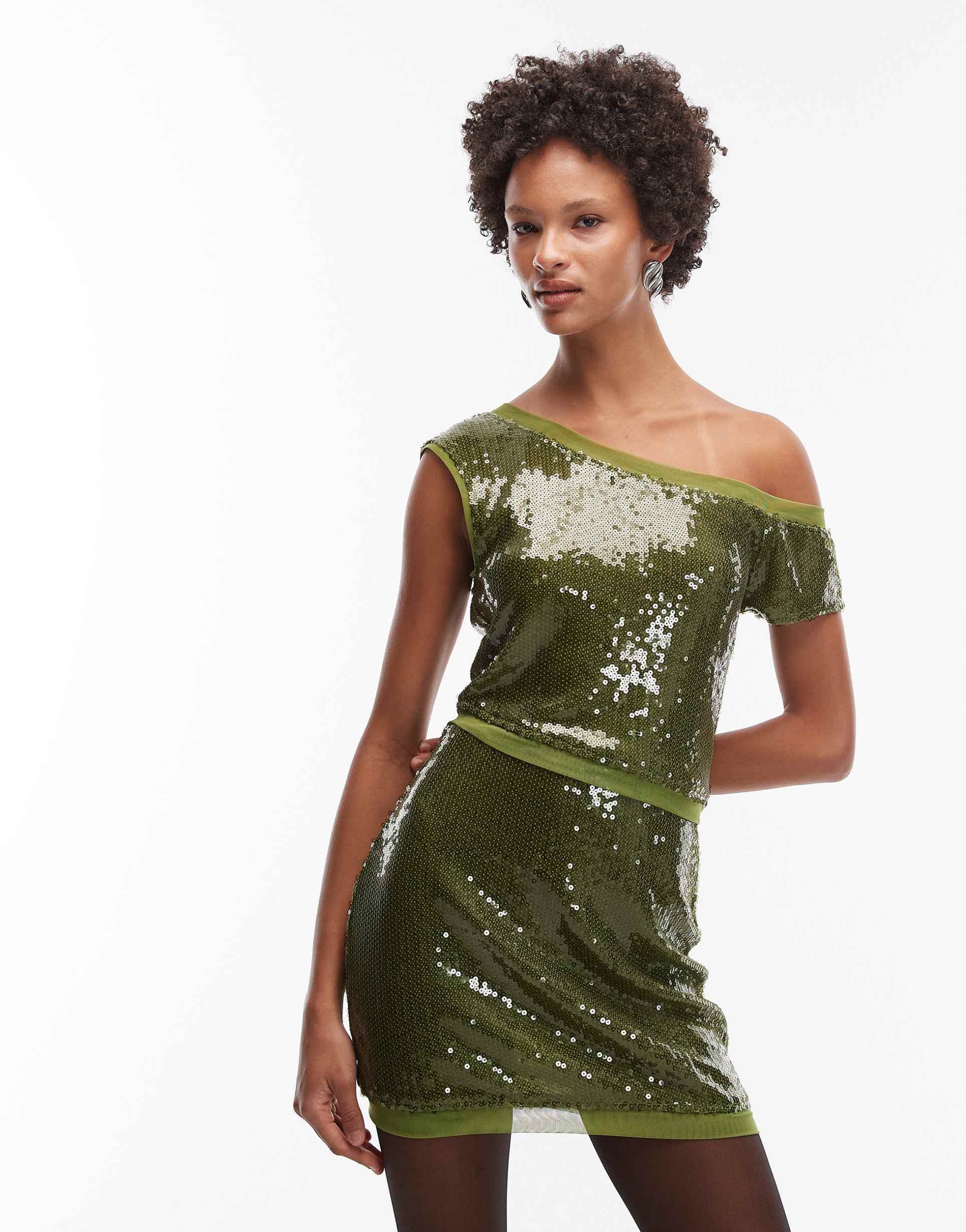 asos design sequin mesh mix off the shoulder top in olive - part of a set