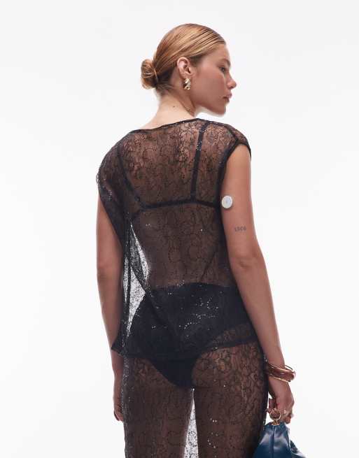 ASOS DESIGN sequin mesh sheer longline tank top in black (Part of a set)