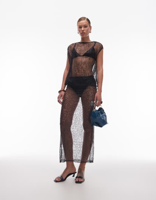 ASOS DESIGN sequin mesh sheer longline tank top in black (Part of a set)