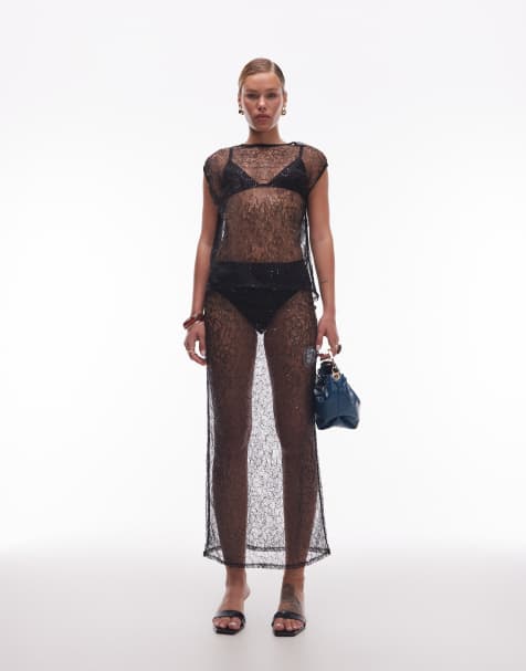 ASOS DESIGN sequin mesh sheer midi skirt in black - part of a set - view 1