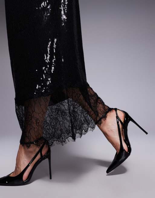 ASOS DESIGN sequin mid-rise column skirt with lace trim in black, 5 of 5