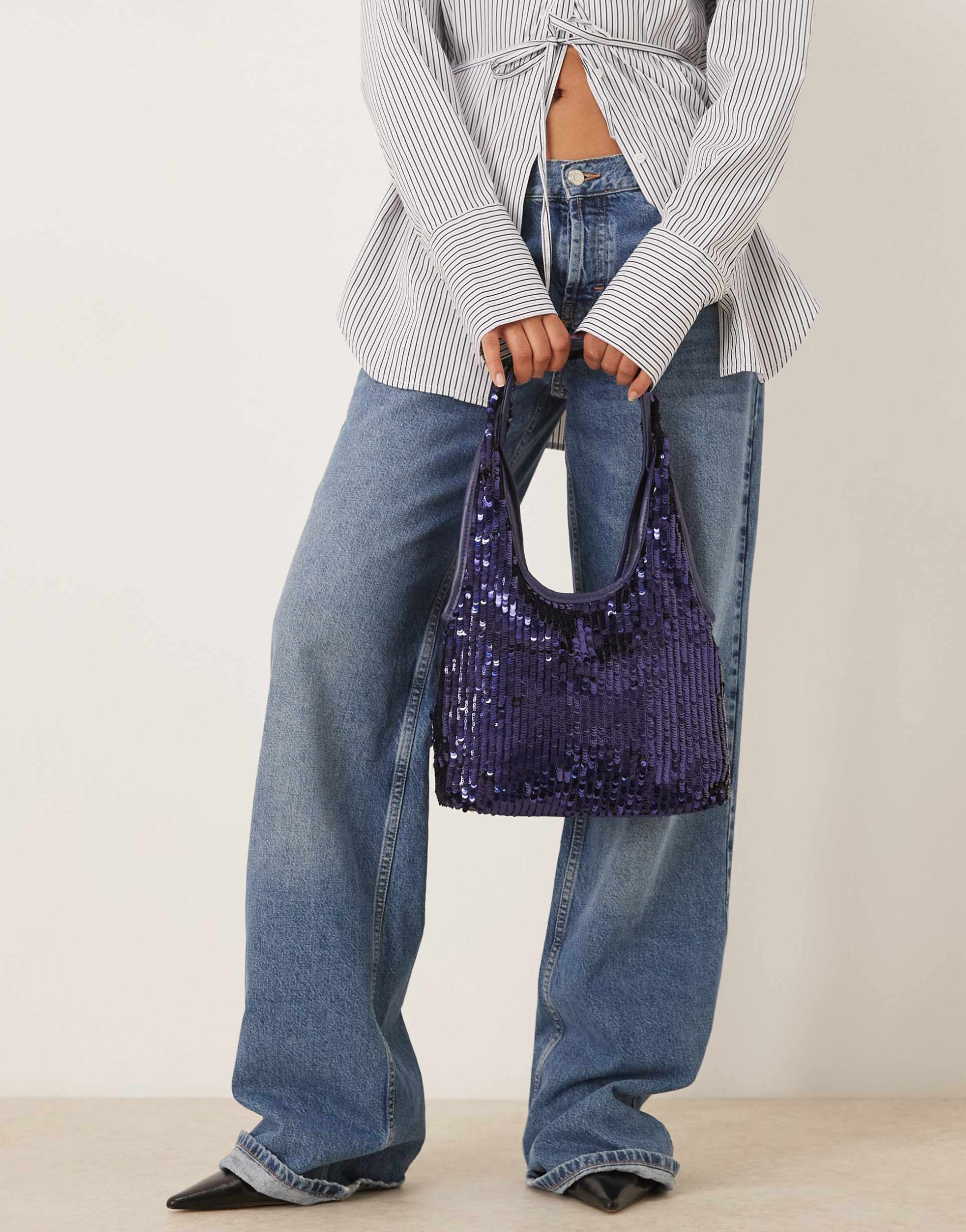 asos design sequin mid size scoop shoulder bag in navy