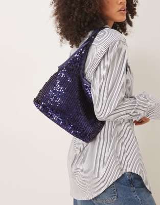 Asos Design Sequin Mid Size Scoop Tote Bag In Blue