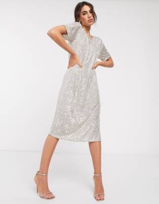 silver sequin midi dress