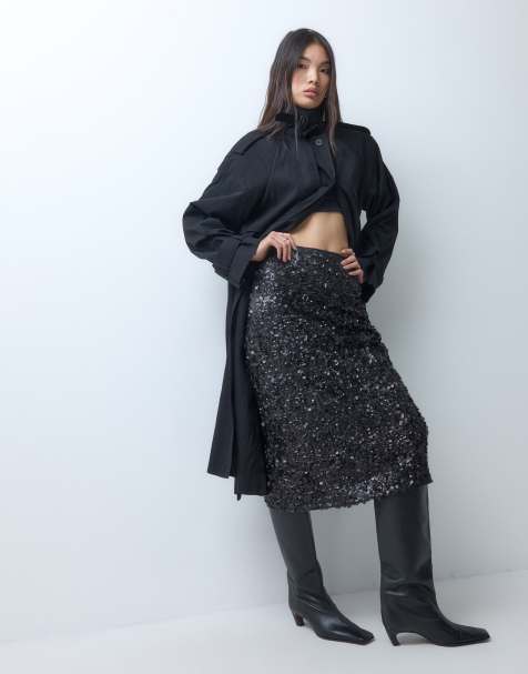 ASOS DESIGN sequin midi skirt in black - view 1