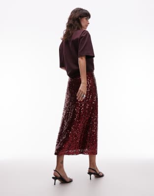 Asos Design Sequin Midi Skirt In Red