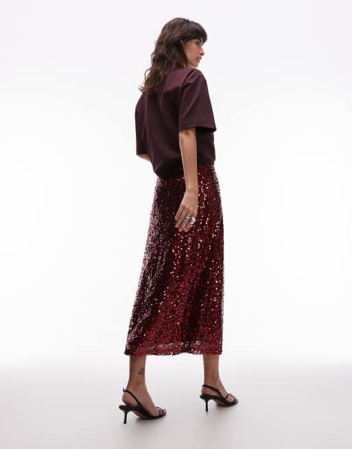 ASOS DESIGN sequin midi skirt in cherry