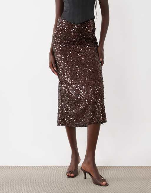 ASOS DESIGN sequin midi skirt in chocolate, 2 of 5