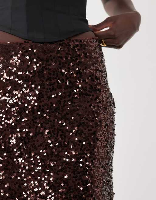 ASOS DESIGN sequin midi skirt in chocolate, 3 of 5