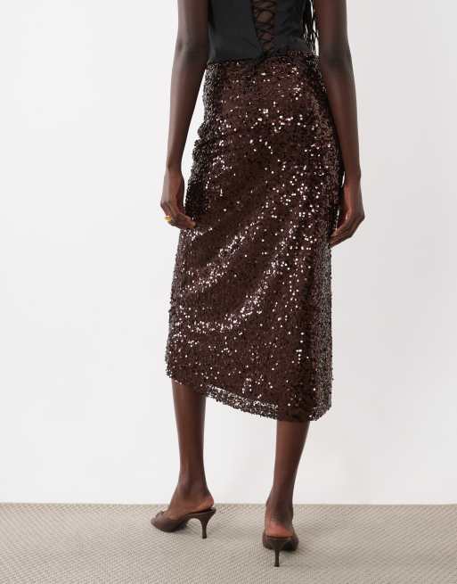 ASOS DESIGN sequin midi skirt in chocolate, 4 of 5