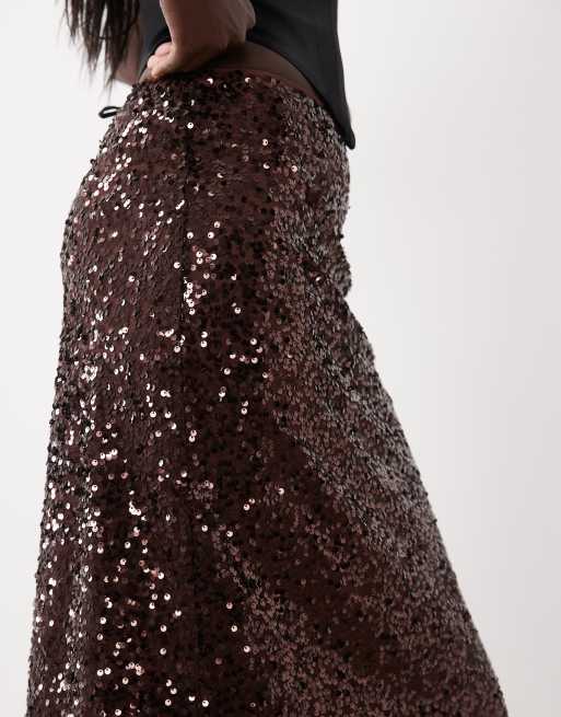 ASOS DESIGN sequin midi skirt in chocolate, 5 of 5