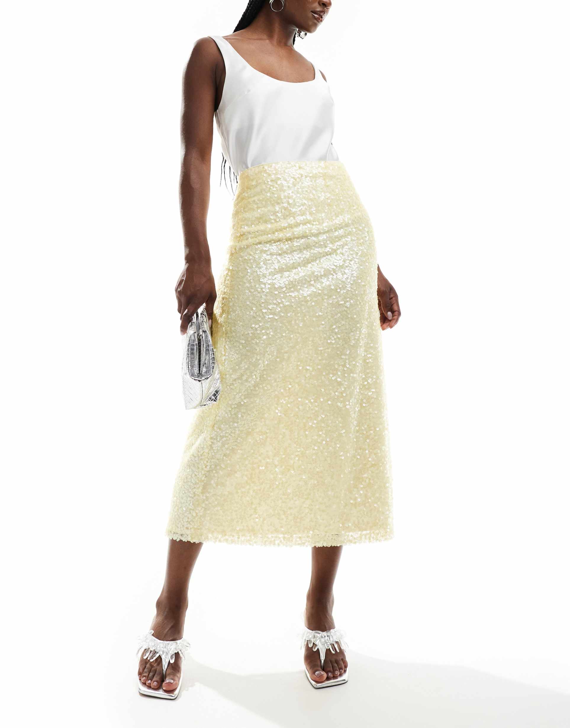 asos design sequin midi skirt in pastel yellow