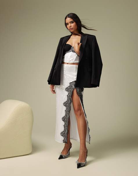ASOS DESIGN sequin midi skirt with lace split detail in white (part of a set) - view 1