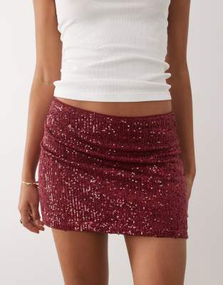 Asos Design Sequin Mini Skirt In Burgundy