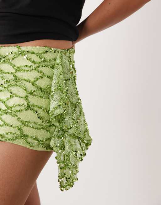 ASOS DESIGN sequin mini skirt with ruffle detail in green, 4 of 5