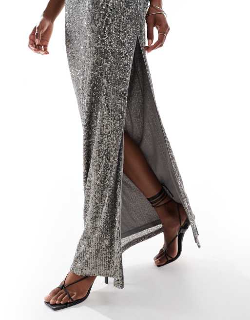 knee length dresses for ladies BALYKINA Tibi Silver Sequin Strapless Maxi Dress main image 0