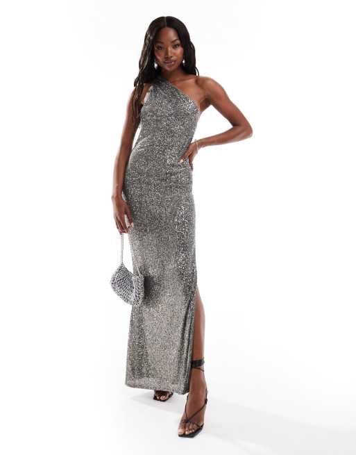 asos silver glitter dress ASOS DESIGN halterneck sequin maxi dress in silver sequin with mesh ruffle  inserts in silver
