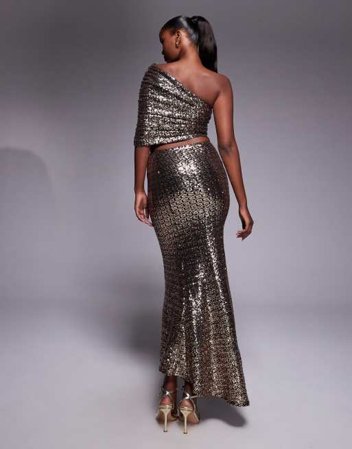ASOS DESIGN sequin one shoulder maxi dress with ruched bodice in gold