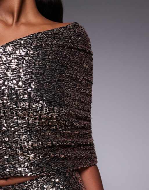 ASOS DESIGN sequin one shoulder maxi dress with ruched bodice in gold