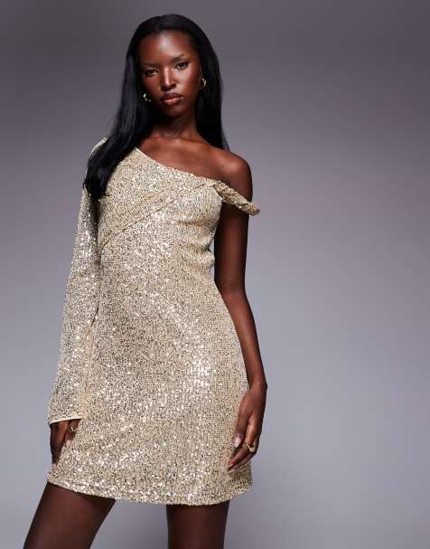 ASOS DESIGN sequin one shoulder mini dress with twist detail in gold - view 1