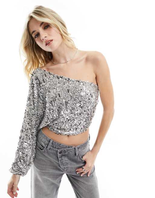 ASOS DESIGN sequin one shoulder sleeve top with tie cuff detail in silver