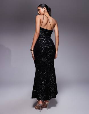 Asos Design Sequin One Shoulder Strappy Maxi Dress With Cowl In Black