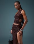 [ASOS DESIGN] ASOS DESIGN sequin one shoulder top with ruched cut out in chocolate (part of a set)-Brown 14 Chocolate